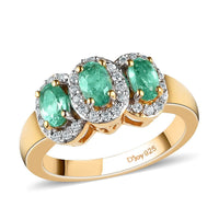 Boyaca Colombian Emerald and Natural White Zircon Trilogy Ring in Vermeil Yellow Gold Over Sterling Silver 1.00 ctw