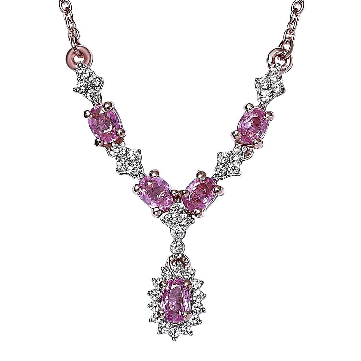 Madagascar Pink Sapphire and White Zircon Necklace 18 Inches in Vermeil Rose Gold Over Sterling Silver 1.50 ctw