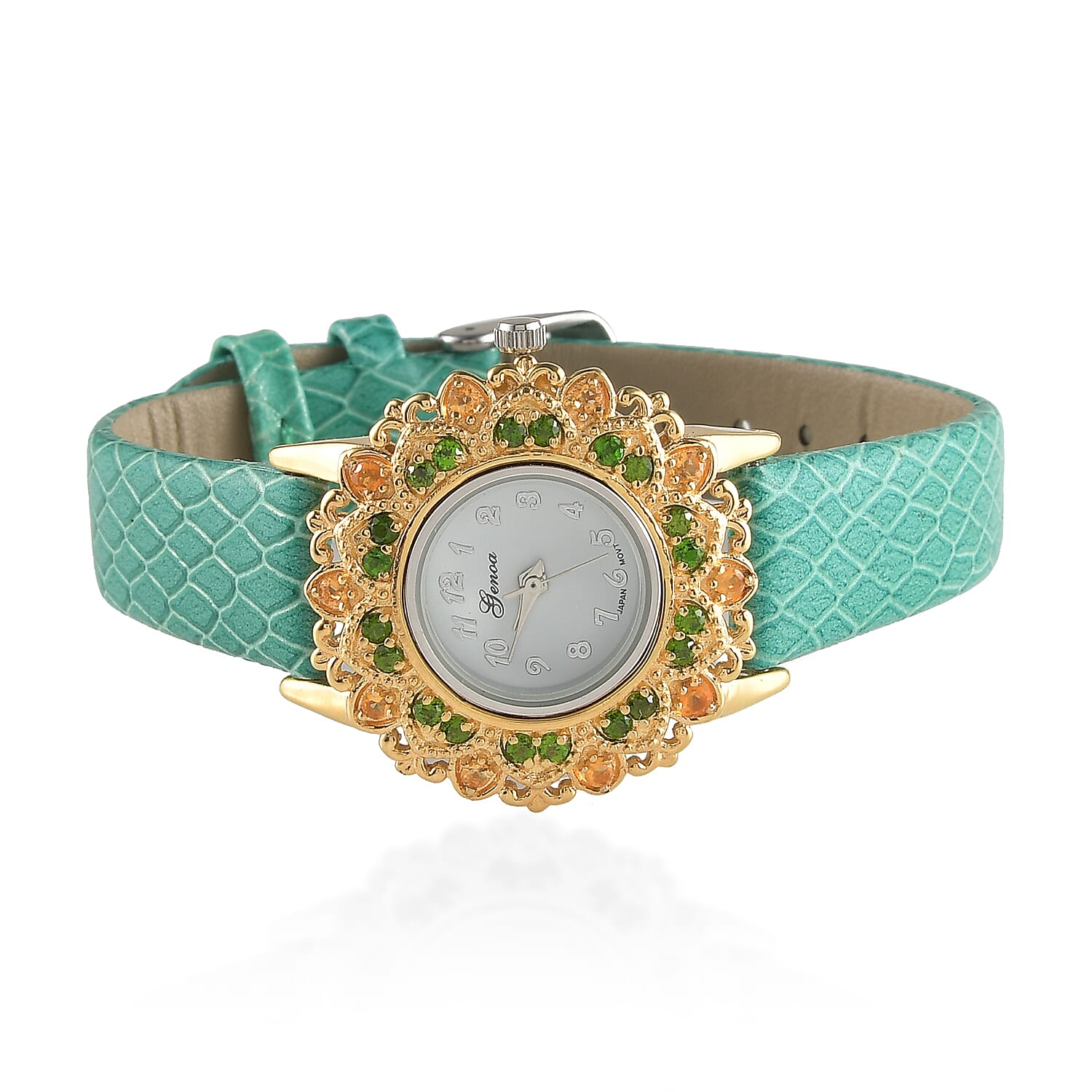 GENOA Jalisco Fire Opal, Natural Chrome Diopside Miyota Japanese Movement Watch in ION Plated 18K YG and Stainless Steel with Genuine Leather Strap (22mm) 1.25 ctw