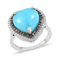 Natural Arizona Sleeping Beauty Turquoise (HT 12), Natural Champagne and White Diamond (0.60 cts) Heart Ring in Platinum Over Sterling Silver (Size 10.0) 5.65 ctw