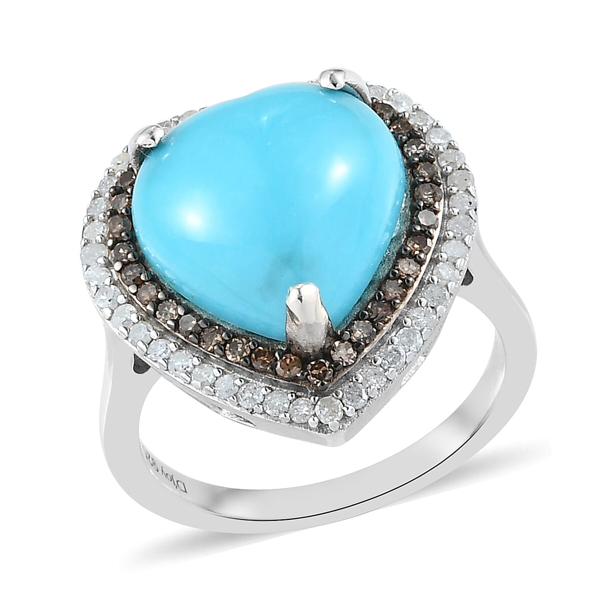 Natural Arizona Sleeping Beauty Turquoise (HT 12), Natural Champagne and White Diamond (0.60 cts) Heart Ring in Platinum Over Sterling Silver (Size 10.0) 5.65 ctw (1)
