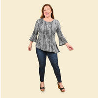 TAMSY Neutral Mosaic Bell-Sleeve Asymmetrical Top - Large