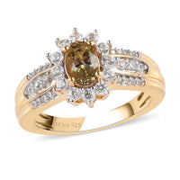Natural Golden Tanzanite and Natural White Zircon Halo Ring in Vermeil Yellow Gold Over Sterling Silver (Size 5.0) 1.00 ctw