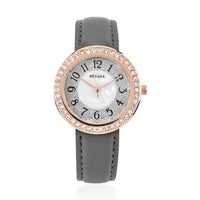 Strada White Austrian Crystal Japanese Movement Watch in Rosetone with Black Faux Leather Strap (35.56mm) (6.50-8.00 Inches)