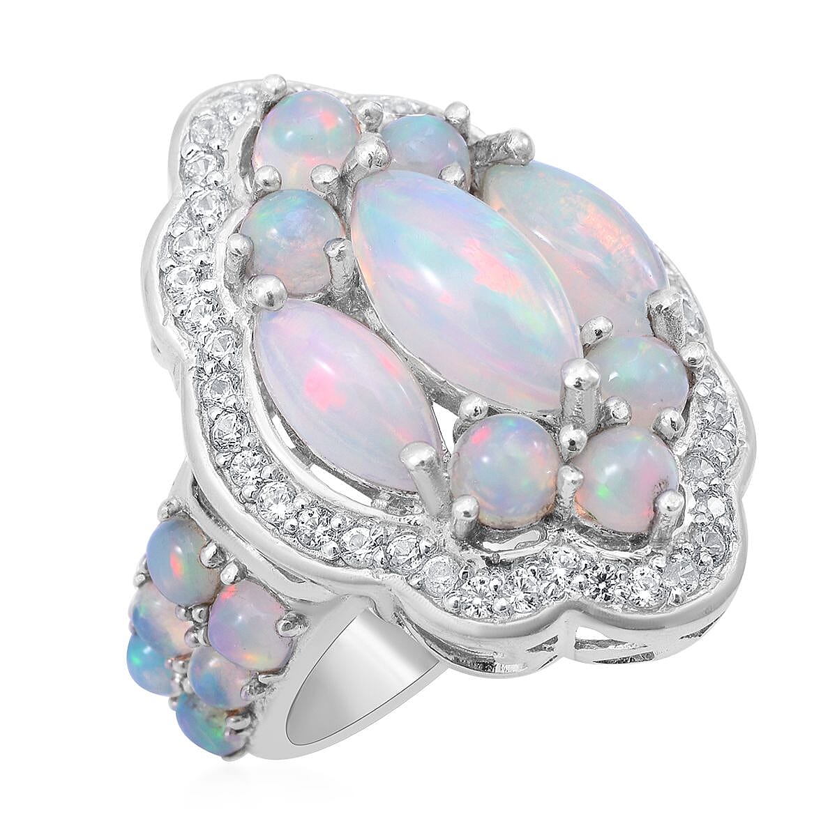 AAA Ethiopian Welo Opal and Natural White Zircon Ring in Platinum Over Sterling Silver (Size 10.0) (8 g) 5.75 ctw