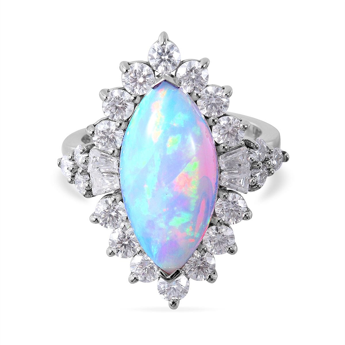 Premium Ethiopian Welo Opal and Moissanite Halo Ring in Platinum Over Sterling Silver 6.80 ctw