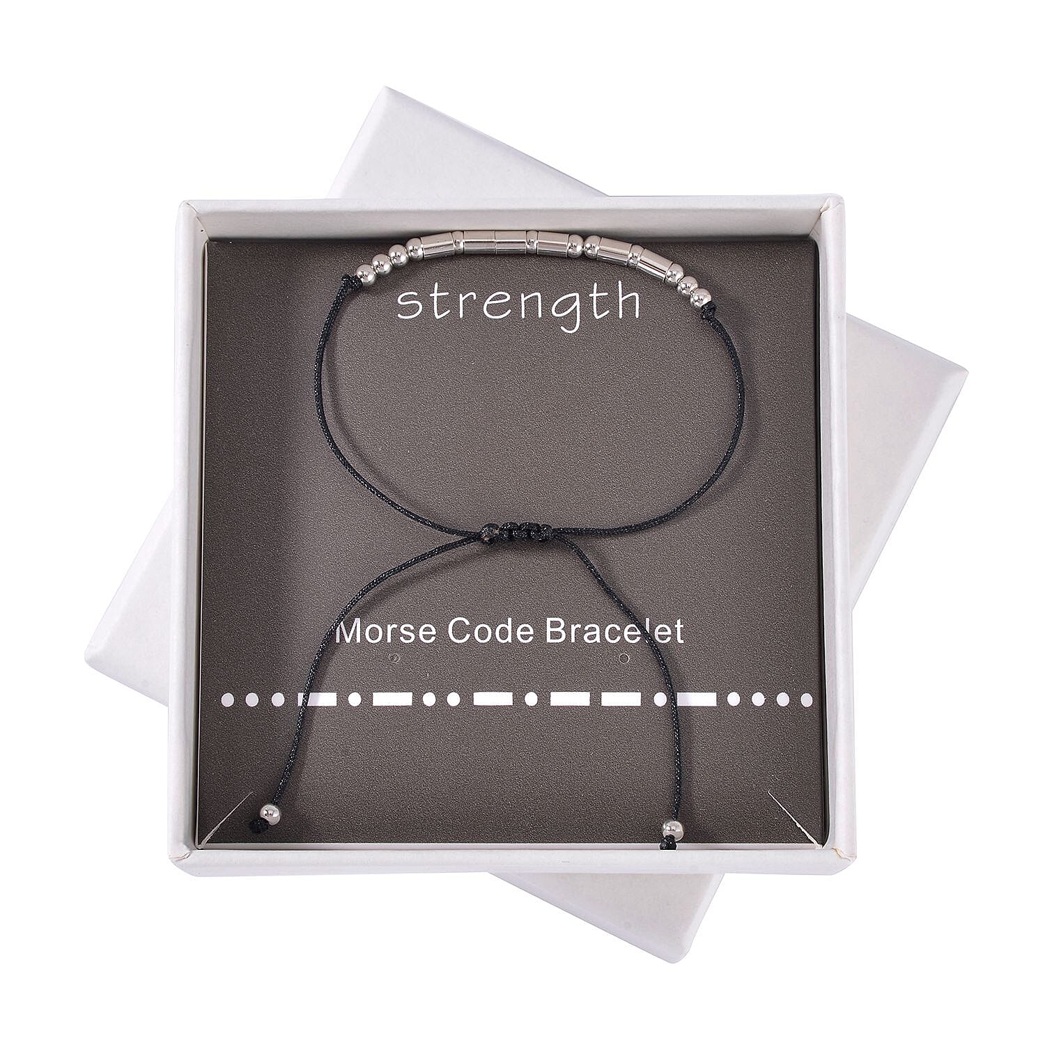 Rhodium Over Sterling Silver Bolo Strength Morse Code Bracelet in Black Cord (Adjustable)
