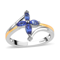 AAA Tanzanite, Natural White Zircon Floral Ring in Vermeil YG and Platinum Over Sterling Silver (Size 10.0) 0.40 ctw