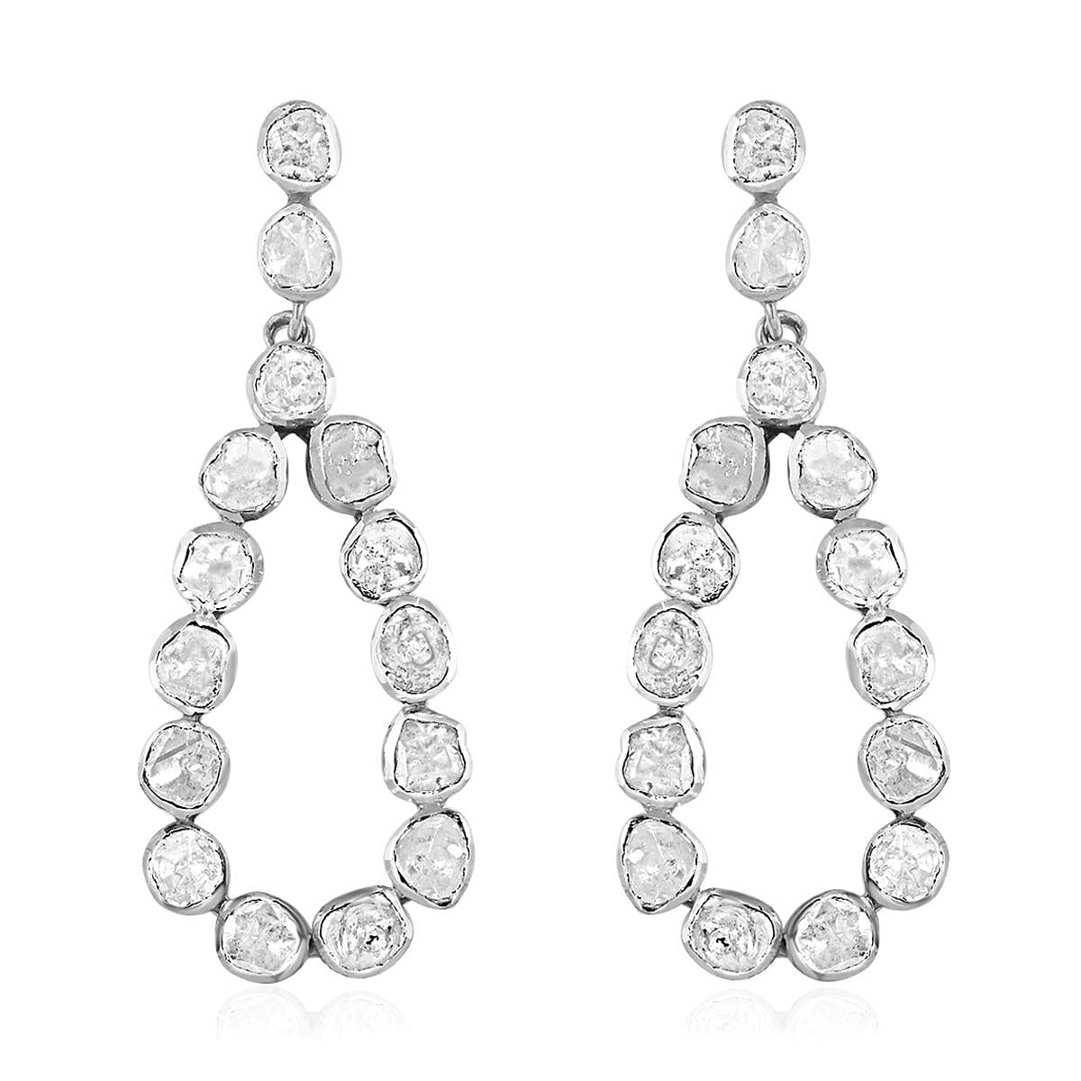 Polki Diamond Drop Earrings in Platinum Over Sterling Silver 2.00 ctw