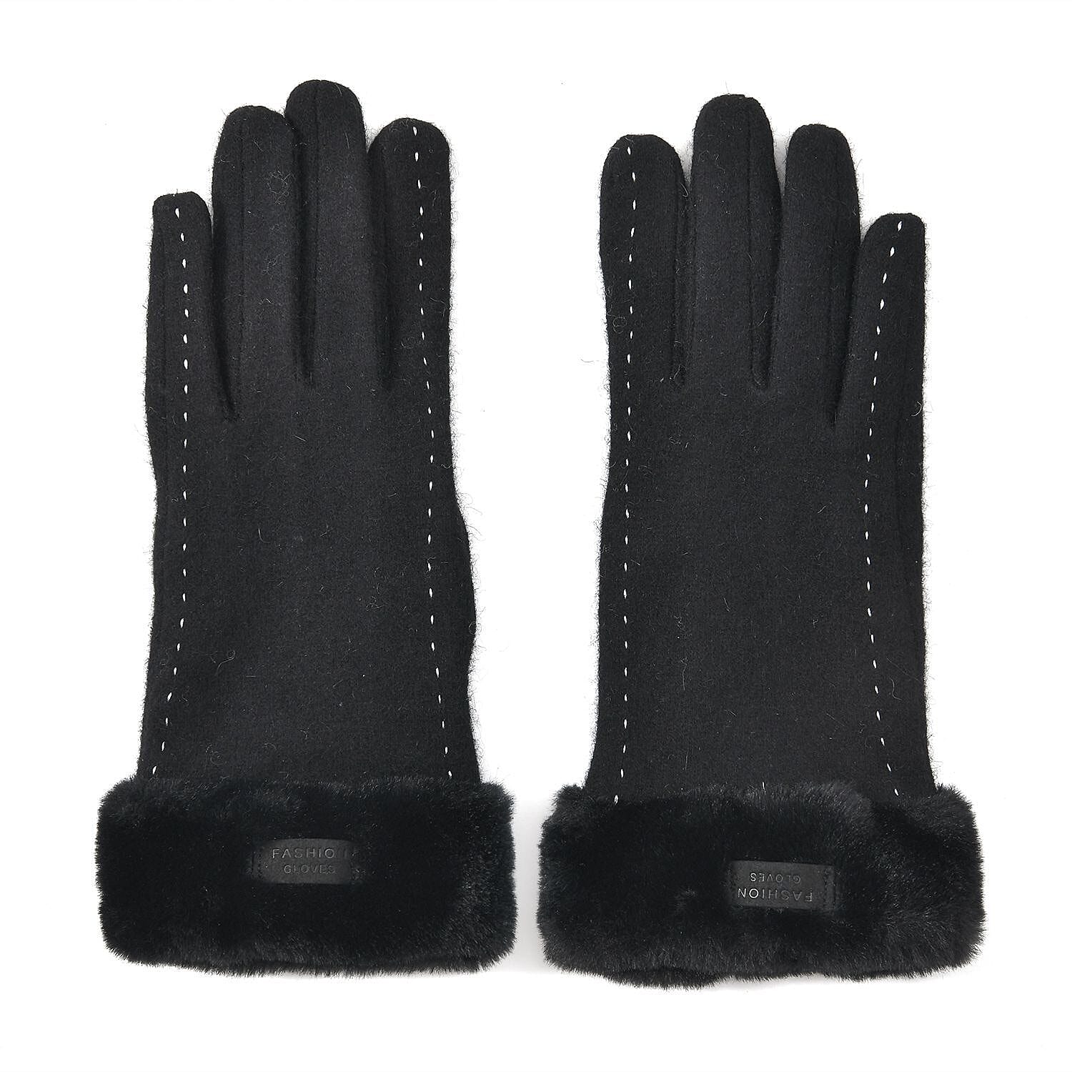 Beige Cashmere Warm Gloves with Faux Fur and Equipped Touch Screen Friendly (9.05"x3.54")