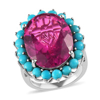 Radiant Orchid Quartz and American Natural Sleeping Beauty Turquoise Sunburst Ring in Platinum Over Sterling Silver (Size 10.0) 17.75 ctw (Delivered in 3-5 Business Days)