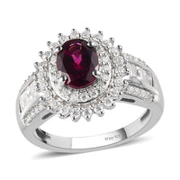 Orissa Rhodolite Garnet and Moissanite Double Halo Ring in Platinum Over Sterling Silver 2.50 ctw