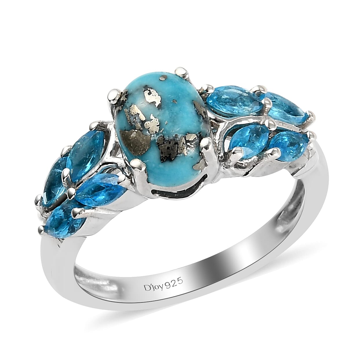 MEMORIAL DAY SPECIAL DEAL Empyrean Blue Turquoise and Malgache Neon Apatite Floral Ring in Platinum Over Sterling Silver 2.00 ctw