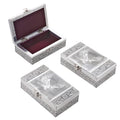"Set of 3, Eagle Embossed Rectangular Aluminium Oxidized Storage Boxes SIZE: 6.5(L)x4(W)x1.75(H) inches COLOR: Silver" - Sticky add to cart bar