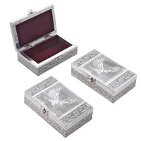 "Set of 3, Eagle Embossed Rectangular Aluminium Oxidized Storage Boxes SIZE: 6.5(L)x4(W)x1.75(H) inches COLOR: Silver"