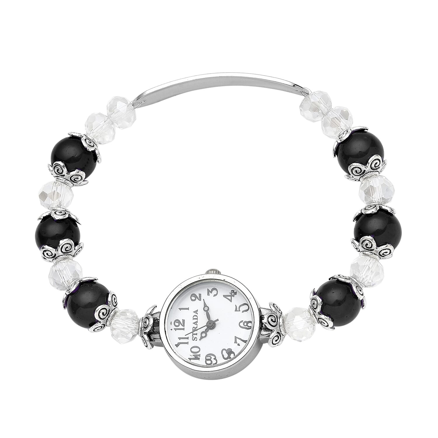 STRADA Simulated Black and White Beaded Japanese Movement Stretch Bracelet Watch in Black Oxidized Silvertone (7.25 In)