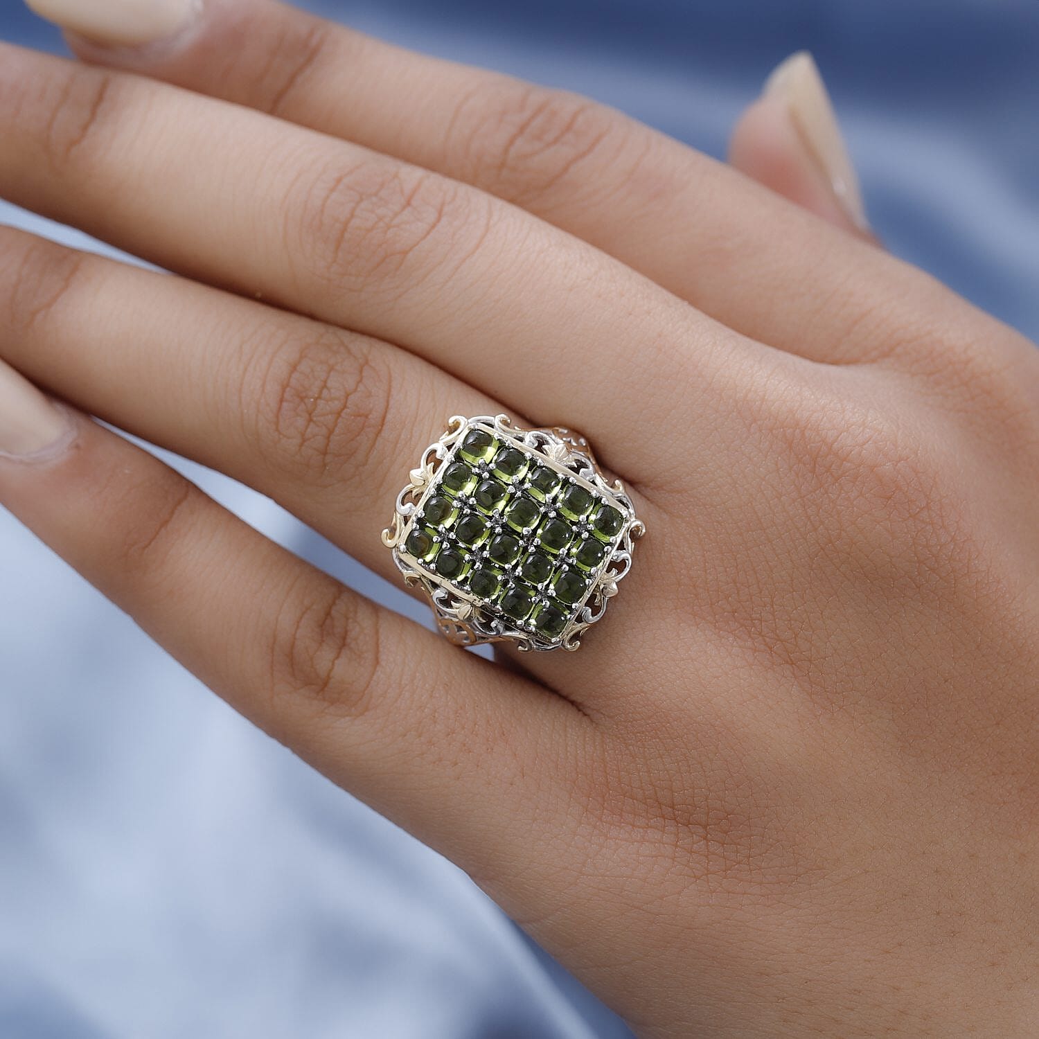 Italian Natural Vesuvianite Cluster Ring in Vermeil Yellow Gold and Platinum Over Sterling Silver 3.85 ctw