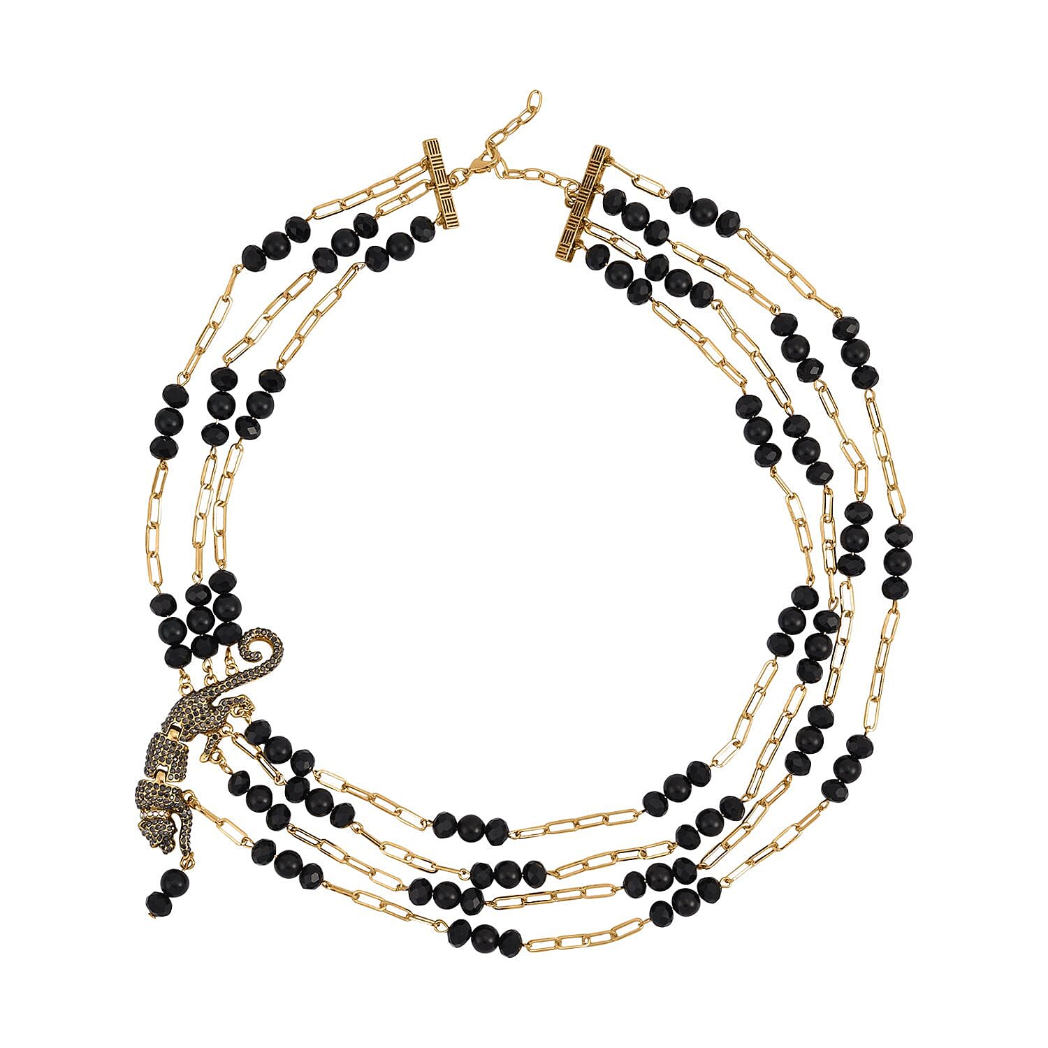 Simulated Black Pearl and Multi Gemstone Multi Row Paper Clip Chain Necklace with Leopard Charm (20-22 Inches) in Goldtone