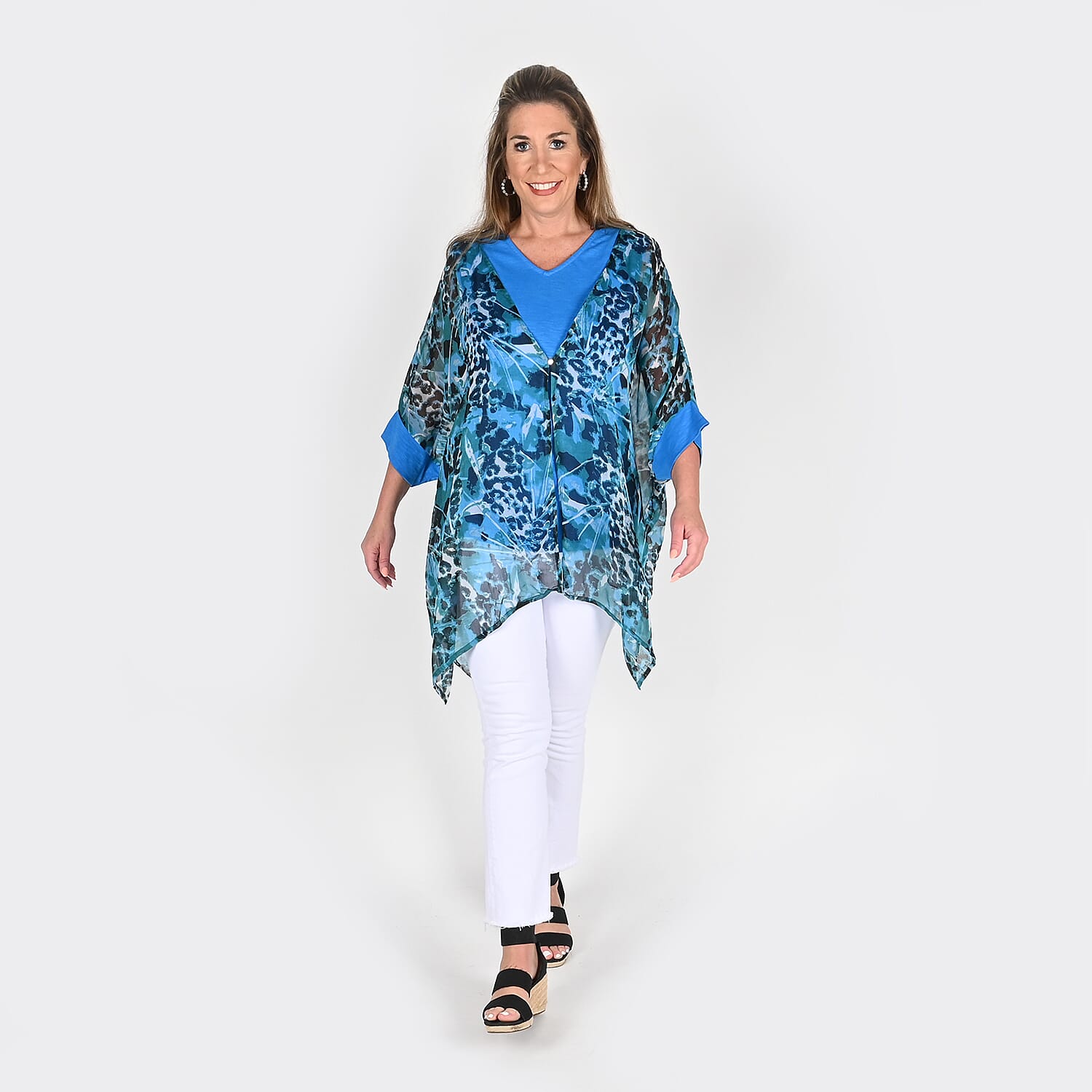 Tamsy Blue Color Chiffon Overlay Top - L