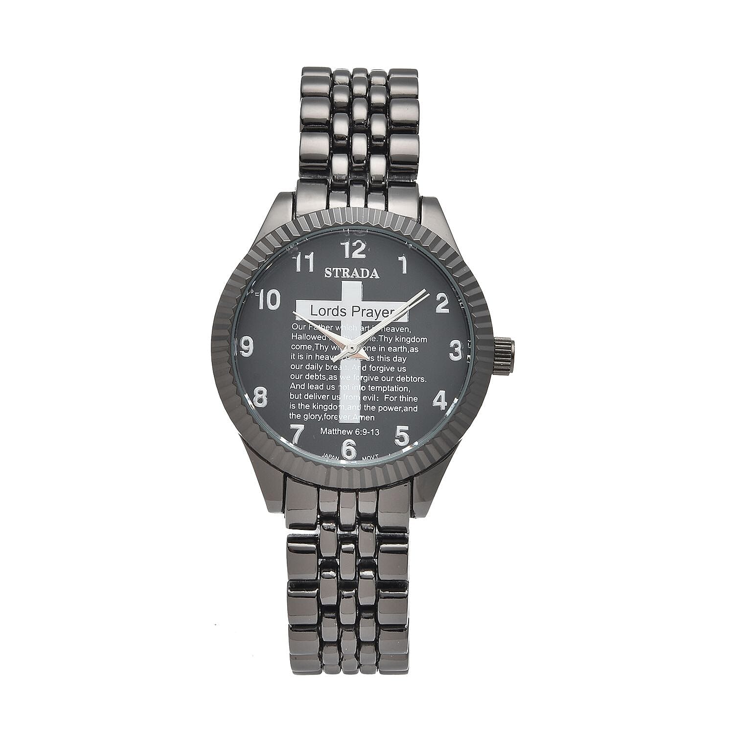 STRADA Japanese Movement Cross Lords Prayer Pattern Dial Watch in Blacktone Strap