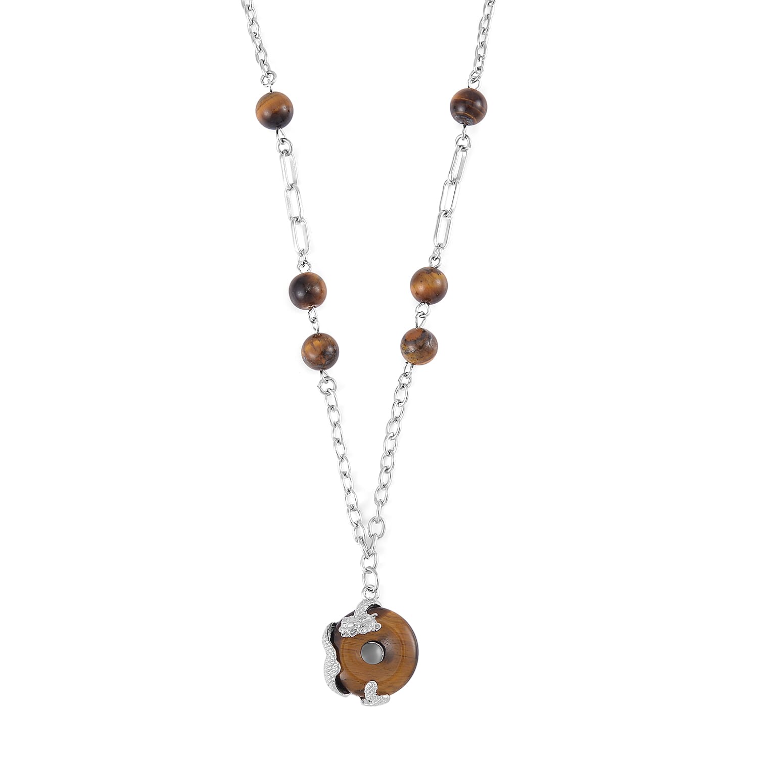 Yellow Tigers Eye Dragon Pendant Necklace 20-22 Inches in Silvertone 18.00 ctw
