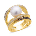 White Freshwater Pearl, Simulated Champagne and White Diamond Ring in Goldtone (Size 10.0) 0.90 ctw - Sticky add to cart bar