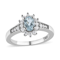 Premium Mangoro Aquamarine, Moissanite Sunburst Ring in Platinum Over Sterling Silver (Size 10) 0.65 ctw