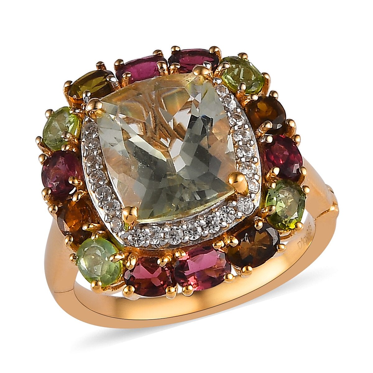 AAA Montezuma Prasiolite, Multi-Tourmaline and Natural White Zircon Ring in Vermeil Yellow Gold Over Sterling Silver 8.00 ctw (Delivery in 3-5 Business Days)