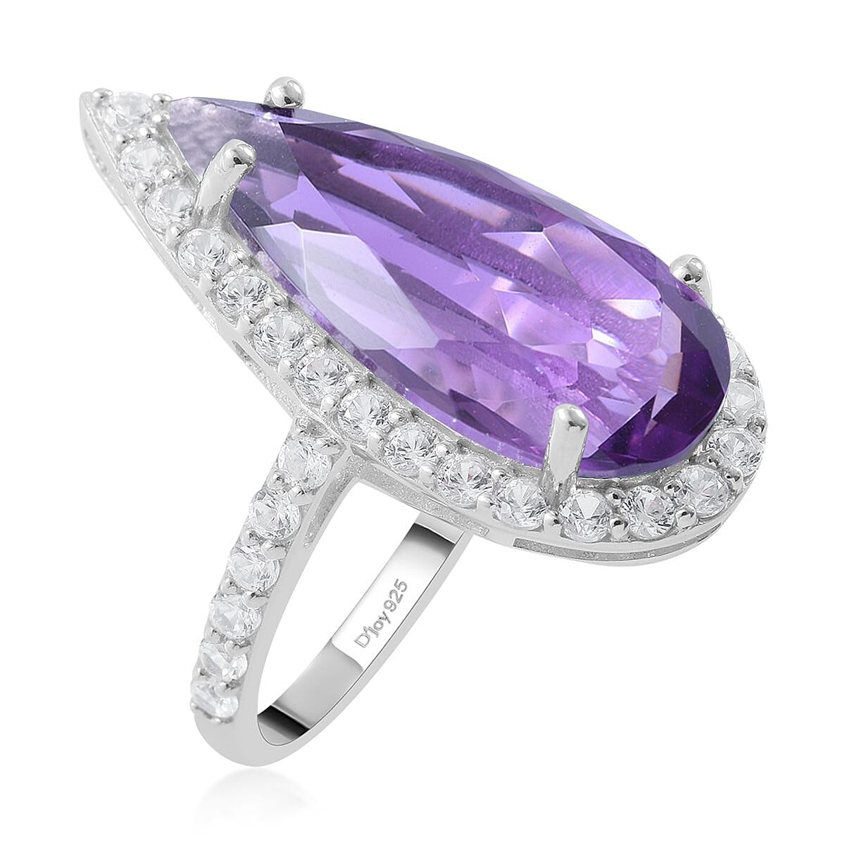 Lusaka Amethyst and Natural White Zircon Pear Shape Halo Ring in Platinum Over Sterling Silver 8.25 ctw