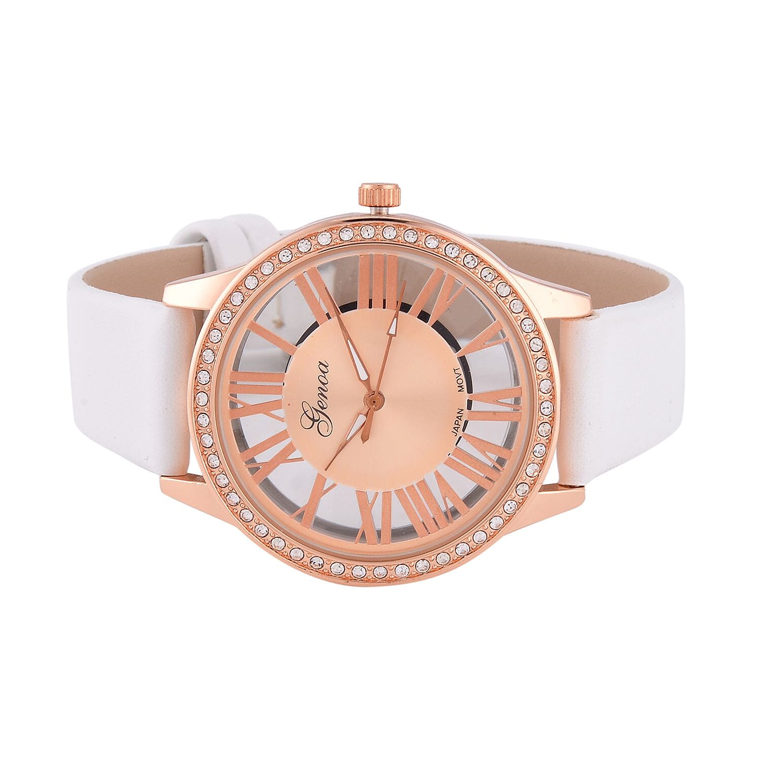 Genoa Austrian Crystal Miyota Japanese Movement Watch with White Genuine Leather Strap (7.0-8.75Inches) (39.40mm)