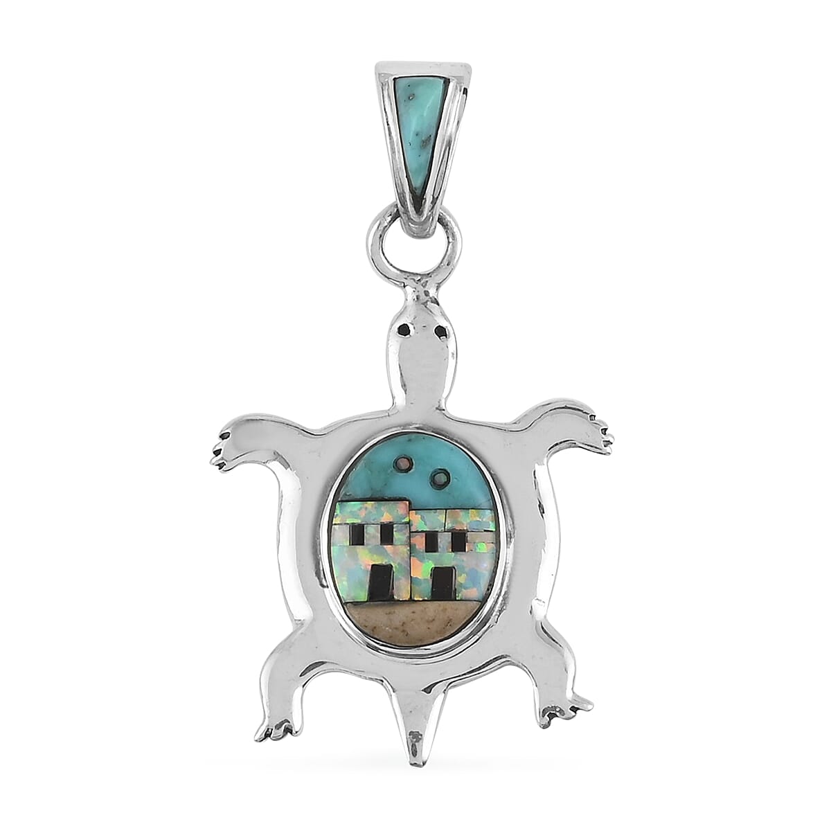 SANTA FE Style 0.35 ctw Turquoise and Multi Gemstone Turtle Pendant in Sterling Silver