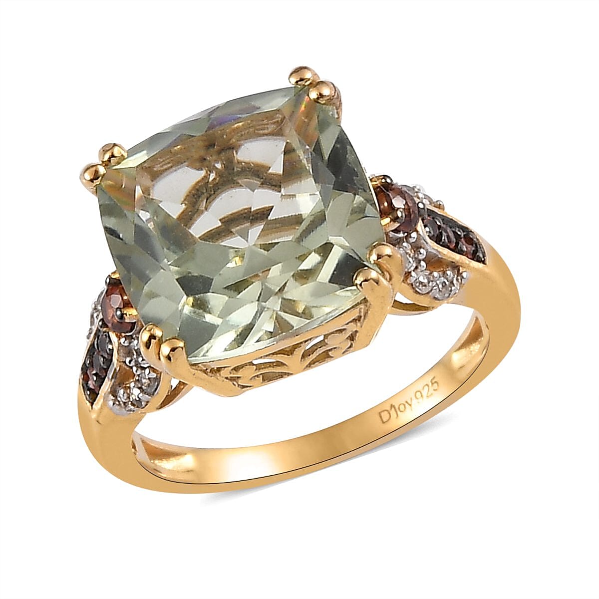 AAA Montezuma Prasiolite, Natural White and Brown Zircon Ring in Vermeil Yellow Gold Over Sterling Silver (Size 10.0) 7.35 ctw