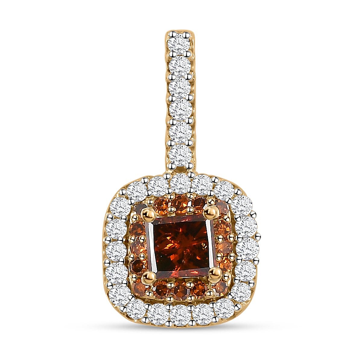 Luxoro 10K Yellow Gold Princess Cut Orange Diamond and White Diamond Double Halo Pendant 0.50 ctw