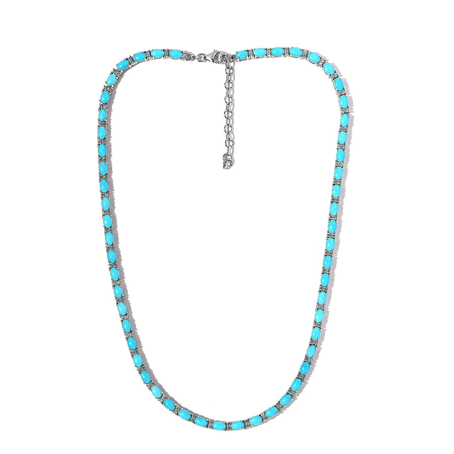 Premium Sleeping Beauty Turquoise and White Zircon Tennis Necklace 18 Inches in Platinum Over Sterling Silver 27.60 ctw