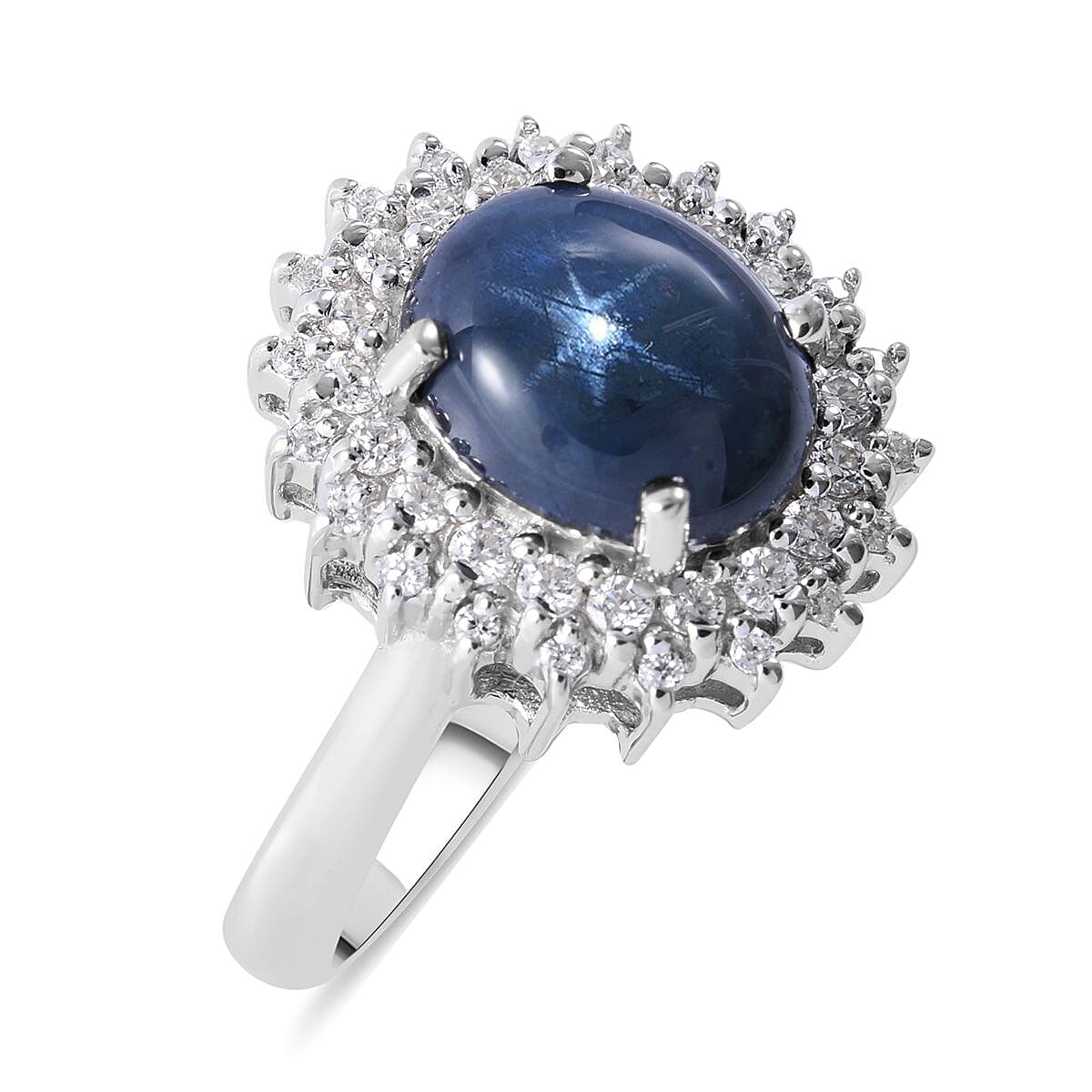 Thai Blue Star Sapphire (DF) and Moissanite Double Halo Ring in Platinum Over Sterling Silver 4.75 ctw