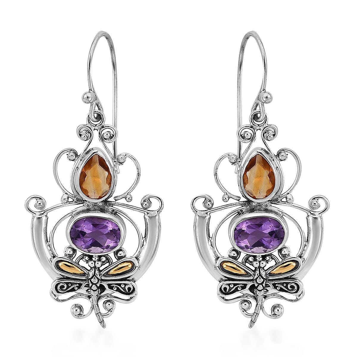 Bali Legacy Amethyst and Brazilian Citrine Dragonfly Earrings in Sterling Silver 0.65 ctw