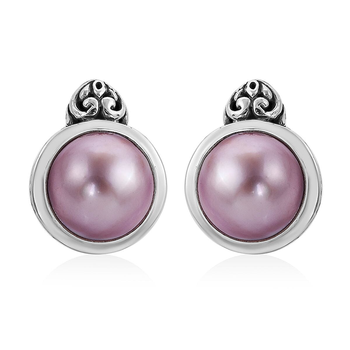 Pink Pearl Floral Framework Stud Earrings in Sterling Silver