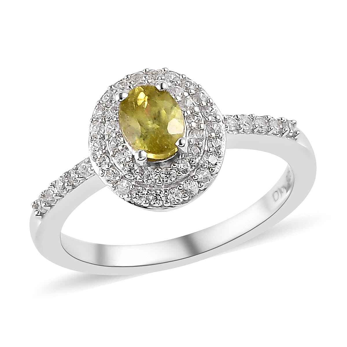 AAA Sava Sphene and Natural White Zircon Double Halo Ring in Platinum Over Sterling Silver 0.85 ctw