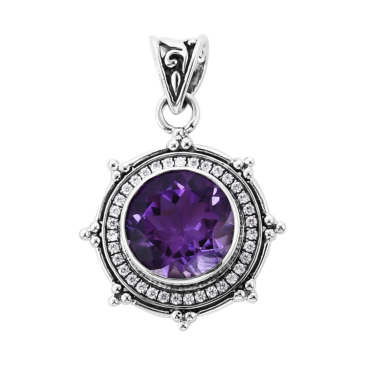 Bali Legacy Amethyst and Simulated Diamond Sun Star Pendant without Chain in Sterling Silver 1.20 ctw