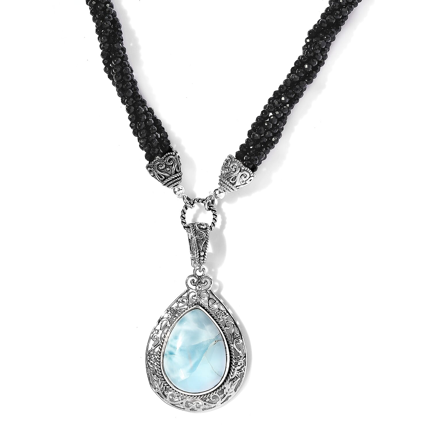 Artisan Crafted Larimar and Thai Black Spinel Necklace 18 Inches in Sterling Silver 99.50 ctw