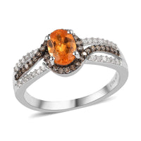 Premium Viceroy Spessartine Garnet, Natural Champagne and White Diamond Ring in Platinum Over Sterling Silver (Size 10.0) 1.35 ctw