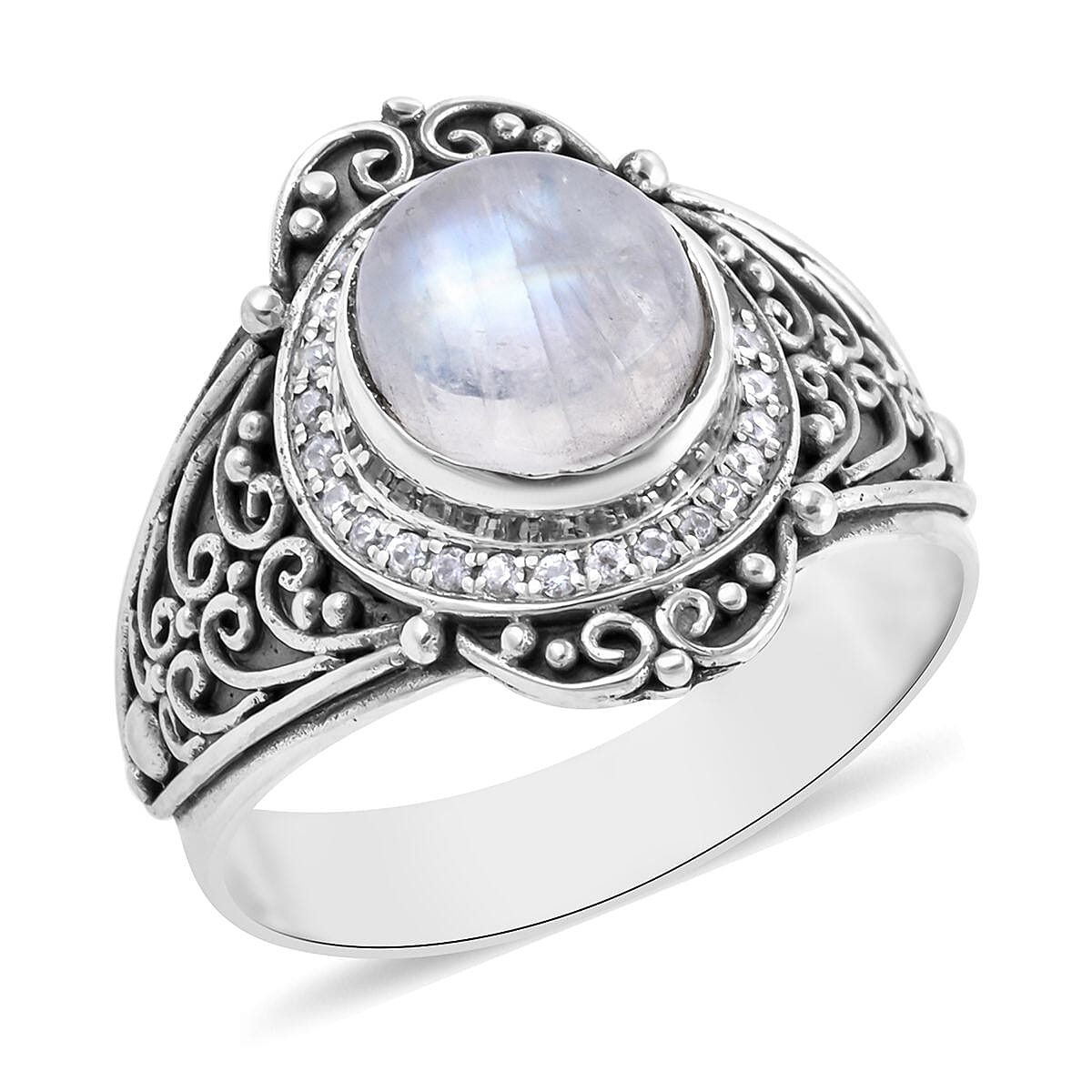 BALI LEGACY Kuisa Rainbow Moonstone, Natural White Zircon Ring in Sterling Silver (Size 10.0) 4.15 ctw