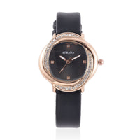 Strada Austrian Crystal Japanese Movement Watch with Black Faux Leather Strap (25.40mm) (6.0-7.5 Inches)