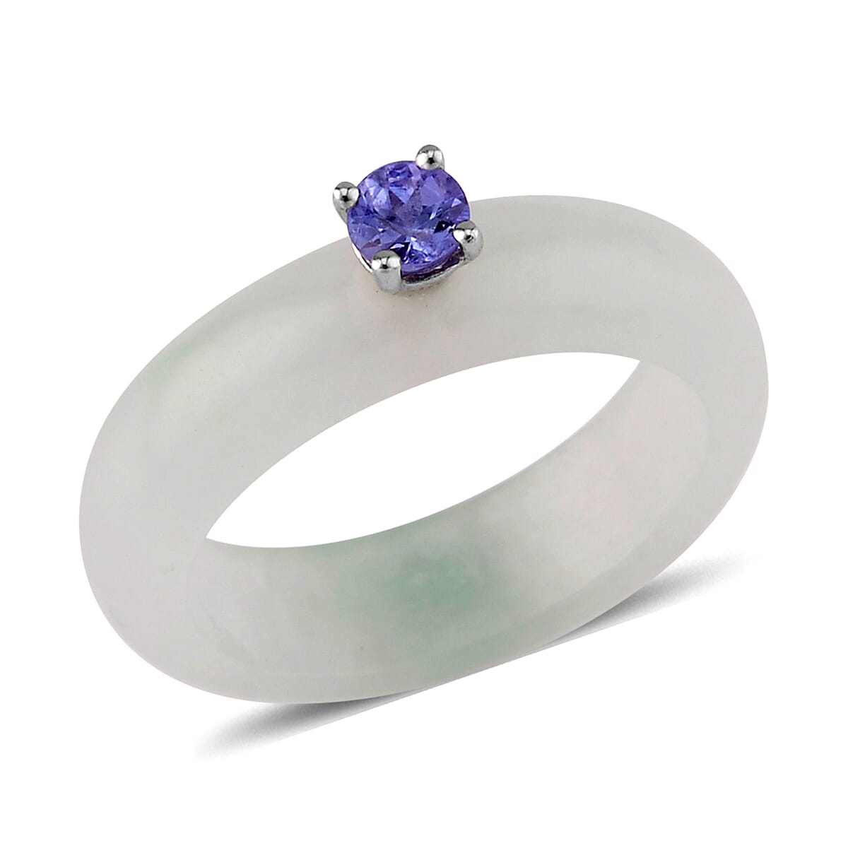 Natural Jade and Tanzanite 13.40 ctw Band Ring in Rhodium Over Sterling Silver