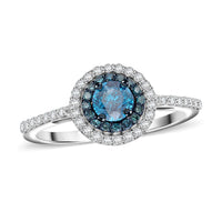 Venice Blue Diamond and Diamond I1-I2 Double Halo Ring in Rhodium and Platinum Over Sterling Silver 1.00 ctw