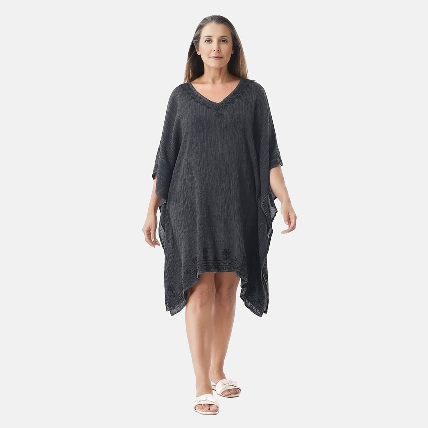 Tamsy Black Neck and Bottom Embroidery Kaftan - One Size Fits Most
