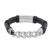 Faux Leather Cord Link Chain Men's Bracelet in Stainless Steel (8.50 In)