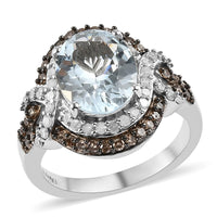 Espirito Santo Aquamarine, Natural Champagne and White Diamond Ring in Rhodium and Platinum Over Sterling Silver (Size 10.0) 2.75 ctw