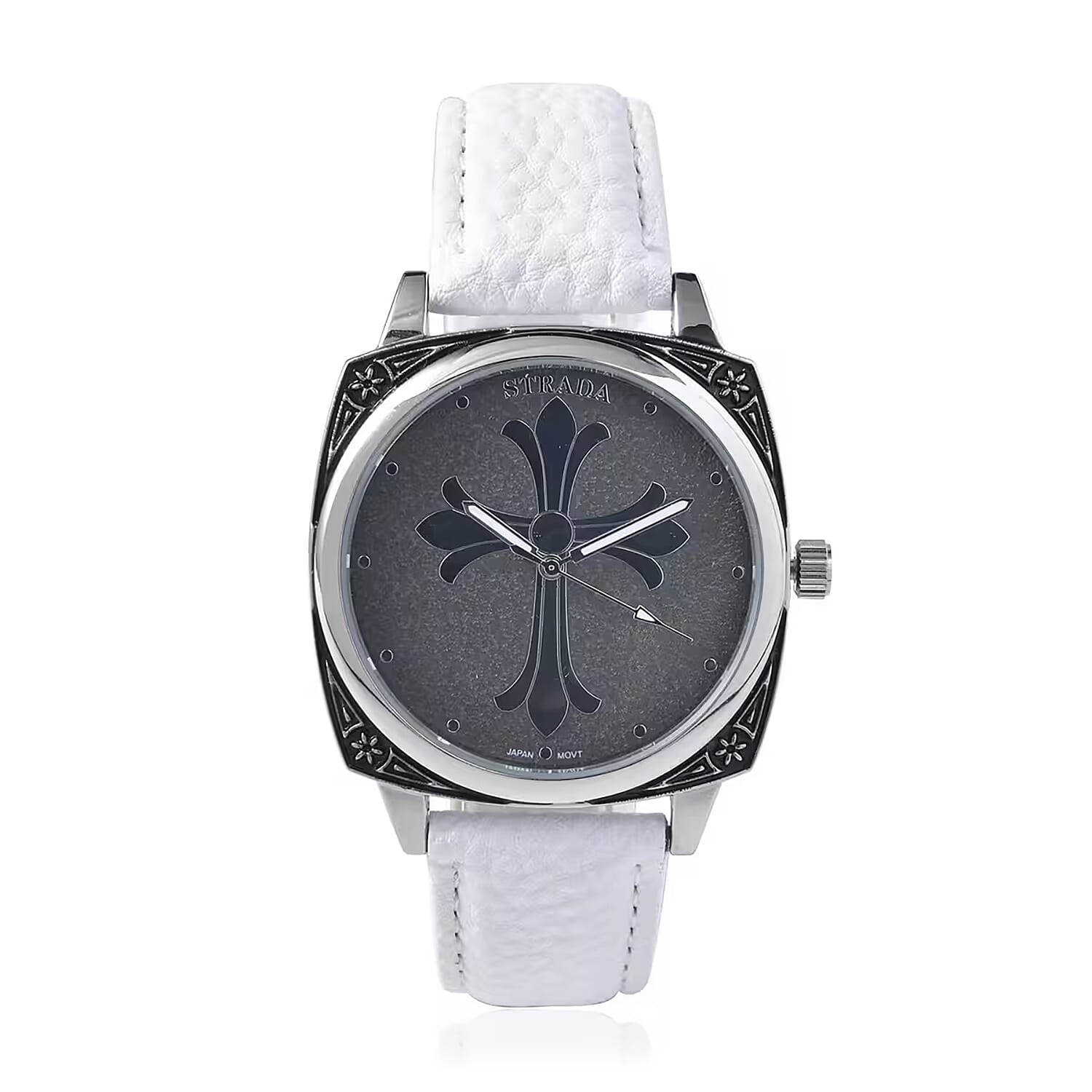 STRADA Japanese Movement Cross Pattern Dial Watch with White Faux Leather Strap