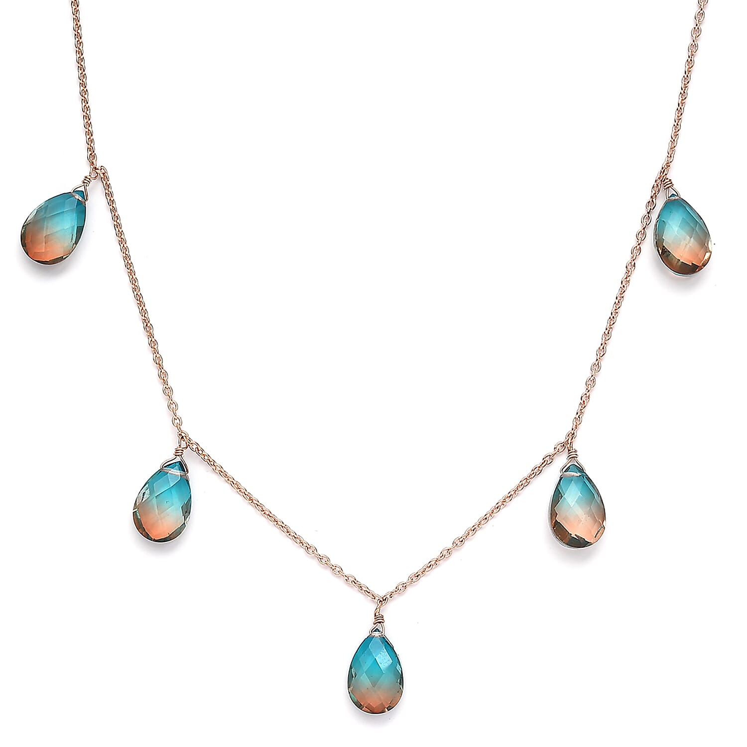Aqua Terra Costa Quartz (Triplet) Station Necklace 20 Inches in 14K Rose Gold Over Sterling Silver 16.50 ctw